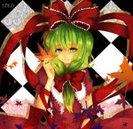  argyle argyle_background bad_id bad_pixiv_id bow checkered front_ponytail green_eyes green_hair hair_bow kagiyama_hina leaf lolo_loki long_hair ribbon smile solo touhou 