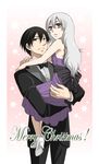  1girl black_eyes black_hair bow bowtie carrying couple darker_than_black dress hei hetero high_heels long_hair looking_back merry_christmas purple_dress purple_eyes shoes silver_hair smile star tooya_(gin'iro_koubou) tuxedo yin 