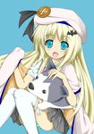  absurdres akubaru blonde_hair blue_eyes cape colorized dog e_lu_daa fang hat highres little_busters! long_hair noumi_kudryavka plaid plaid_skirt school_uniform skirt solo strelka stuffed_animal stuffed_dog stuffed_toy thighhighs 