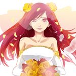  bride dress earrings erza_scarlet fairy_tail flower gloves jewelry lemonlait long_hair red_eyes red_hair smile solo tears wedding wedding_dress 