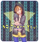  ;o bad_id bad_pixiv_id bangs blue_legwear brown_eyes brown_hair casual english foreshortening hair_between_eyes hair_down hands hood hoodie k-on! kaida_bola looking_at_viewer no_thank_you! one_eye_closed open_mouth outstretched_arms outstretched_hand pantyhose short_hair short_shorts shorts solo standing star striped striped_background tainaka_ritsu 