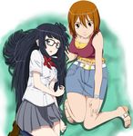  asobi_ni_iku_yo! belt black_hair bow brown_eyes brown_hair denim denim_skirt futaba_aoi_(asobi_ni_iku_yo!) grey_eyes kinjou_manami long_hair long_legs multiple_girls pencil_skirt ribonzu sandals shirt skirt taut_clothes taut_shirt very_long_hair watch wristwatch 