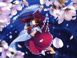  absurdres barefoot blurry bow cherry_blossoms crease depth_of_field detached_sleeves flower gohei hakurei_reimu highres looking_up misaki_kurehito ripples scan solo touhou walking walking_on_liquid water 