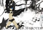  absurdres arms_up belt bikini_top black_hair black_rock_shooter black_rock_shooter_(character) blue_eyes boots breasts burning_eye chain checkered checkered_floor cleavage front-tie_top highres jacket kiyohisa kneeling long_hair navel perspective scar short_shorts shorts small_breasts solo star stitches twintails vanishing_point weapon 
