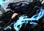  absurdres arm_cannon ass bad_id bad_pixiv_id belt bikini_top black_hair black_rock_shooter black_rock_shooter_(character) blue_eyes boots burning_eye chain coat flat_chest from_behind highres long_hair looking_back navel sato_toshiya scar shorts solo twintails very_long_hair weapon 