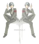  armband belt blazer blue_eyes blue_hair digital_media_player evoker gun hair_over_one_eye headphones holster jacket male_focus minato_(robin) persona persona_3 school_uniform simple_background sitting smile symmetry weapon yuuki_makoto 