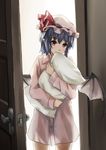  backlighting bad_id bad_pixiv_id bat_wings biting blue_hair bottomless hat no_pants object_hug pillow pillow_bite pillow_hug pointy_ears red_eyes remilia_scarlet short_hair solo standing touhou wings xiao_qiang_(overseas) 