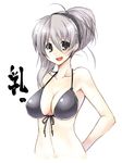  ahoge bad_id bad_pixiv_id bikini breasts brown_eyes fang front-tie_top hair_up highres large_breasts long_hair open_mouth original paopao ponytail silver_hair solo swimsuit 