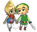  1girl black_eyes blonde_hair holding holding_hands holding_sword holding_weapon left-handed link lowres muse_(rainforest) sword tetra the_legend_of_zelda toon_link weapon 