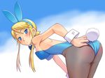  adjusting_clothes animal_ears ass bent_over blonde_hair blue_eyes bunny_ears bunny_tail bunnysuit heroman lina_davis long_hair meow_(nekodenki) pantyhose solo tail 