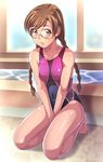  bad_id bad_pixiv_id barefoot between_thighs blush braid breasts brown_eyes brown_hair clala competition_swimsuit covered_nipples e20 glasses kneeling long_hair medium_breasts one-piece_swimsuit quiz_magic_academy solo swimsuit twin_braids twintails v_arms water 