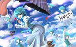  &gt;_&lt; ;p blue_hair closed_eyes gayprince highres karakasa_obake multiple_girls multiple_persona one_eye_closed red_eyes short_hair tatara_kogasa tongue tongue_out touhou ufo umbrella urameshiya wallpaper 