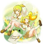  1girl amripo animal_ears bad_id bad_pixiv_id blonde_hair brother_and_sister bunny_ears headphones highres kagamine_len kagamine_rin legs rubber_duck school_uniform serafuku short_hair siblings skirt smile symbol-shaped_pupils twins vocaloid wince yellow_eyes 