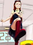  angry boots brown_hair cross-laced_footwear face idolmaster idolmaster_(classic) indoors kenbou lace-up_boots leg_lift long_hair minase_iori open_mouth red_eyes solo stepped_on stuffed_animal stuffed_bunny stuffed_toy upskirt 