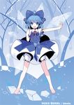  &gt;:) :d ahoge barefoot bloomers blue_eyes blue_hair bow cirno clenched_hand feet hair_bow ideolo jpeg_artifacts open_mouth outstretched_arm short_hair smile solo touhou underwear v-shaped_eyebrows wings 