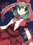  bad_id bad_pixiv_id bow dress frills front_ponytail green_eyes green_hair hair_bow hair_ribbon ika kagiyama_hina leaf long_hair open_mouth ribbon solo touhou 