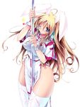  absurdres animal_ears blonde_hair blue_eyes breasts bunny_ears copyright_request cross highres huge_breasts long_hair no_panties pole pole_dancing scatter_milk solo stripper_pole thick_thighs thighhighs thighs wide_hips 