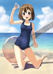  barefoot beach blush brown_eyes brown_hair day guitar hino_minato_(spec.c) hirasawa_yui inflatable_toy instrument k-on! one-piece_swimsuit open_mouth plectrum round_teeth school_swimsuit short_hair solo swimsuit teeth 
