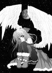  angel artist_request bare_shoulders black black_eyes black_legwear blush boots bow detached_sleeves disolia french frills greyscale hair_bow hair_ribbon long_hair monochrome moon original pantyhose purple_hair rainbow ribbon skirt smile solo wallpaper wings winter 