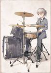  blue_eyes cymbals drum drum_set instrument miz necktie original ponytail short_hair sitting smile solo white_hair 