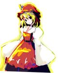  aki_minoriko apron black_eyes black_skirt blonde_hair eyebrows hat long_sleeves orange_apron orange_hat puffy_sleeves shirt short_hair skirt sleeves_past_wrists solo takanashi_akihito touhou white_background white_shirt 