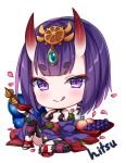  1girl alcohol bare_shoulders blush chibi closed_mouth commentary cup fate/grand_order fate_(series) food fruit full_body gourd grapes headpiece hitsukuya holding holding_cup horns japanese_clothes kimono licking_lips long_sleeves looking_at_viewer obi off_shoulder oni oni_horns peach petals purple_eyes purple_hair purple_kimono sakazuki sake sash short_eyebrows short_hair shuten_douji_(fate/grand_order) signature simple_background smile solo stirrup_legwear symbol_commentary thick_eyebrows toeless_legwear tongue tongue_out white_background wide_sleeves 