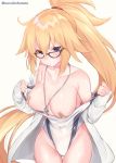  1girl bandaid bandaids_on_nipples black-framed_eyewear blonde_hair blue_eyes breasts commentary_request competition_swimsuit fate/grand_order fate_(series) front-tie_bikini front-tie_top hood hooded_jacket jacket jeanne_d&#039;arc_(fate) jeanne_d&#039;arc_(fate)_(all) jeanne_d&#039;arc_(swimsuit_archer) large_breasts long_ponytail looking_at_viewer one-piece_swimsuit open_clothes open_jacket pasties ponytail shrug_(clothing) suzuho_hotaru swimsuit twitter_username whistle whistle_around_neck white_jacket white_swimsuit 