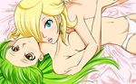  2girls aqua_eyes artist_request blonde_hair c.c. code_geass crossover feelixxcat green_hair hair_over_one_eye hug long_hair looking_at_viewer mario_(series) multiple_girls navel nintendo panties princess_rosalina rosalina_(mario) rosetta_(mario) sunrise_(company) super_mario_bros. super_mario_galaxy underwear yuri 