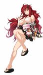  :o bare_legs bikini_top breasts feet floral_print food full_body hair_ornament highres holding holding_food japanese_clothes kimono kisaragi_setsuna kure_masahiro large_breasts long_hair long_sleeves off_shoulder official_art red_eyes red_hair sandals simple_background solo toes valkyrie_drive valkyrie_drive_-siren- white_background yukata 