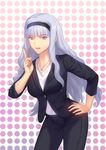  breasts fateline_alpha hairband highres idolmaster idolmaster_(classic) jewelry large_breasts long_hair necklace pants purple_eyes shijou_takane solo white_hair 