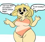  2016 anthro black_nose blonde_hair blue_background bovine camel_toe cattle chest_tuft clothing confusion dialogue english_text eyewear female freckles glasses hair horn mammal one-piece_swimsuit pubes pussy simple_background solo sprocket_(artist) sweat swimsuit text tuft white_background 