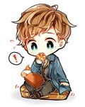  1boy bag bow bowtie brown_hair chibi coat eating fantastic_beasts_and_where_to_find_them food freckles full_body gaito-san green_eyes male_focus newt_scamander paper_bag simple_background sitting solo white_background 