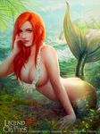  2013 animal bird breasts butt_crack cleavage collarbone commentary company_name copyright_name dated day eyelashes fingernails grass green_eyes hand_on_own_cheek hand_on_own_face highres large_breasts leaf legend_of_the_cryptids long_fingernails long_hair mario_wibisono mermaid monster_girl moss nose ocean palm_tree partially_submerged pink_lips realistic red_hair sara_(legend_of_the_cryptids) scales seagull smile solo starfish tail topless tree water waves 