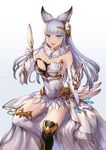  animal_ears asymmetrical_clothes bare_shoulders blue_eyes breasts elbow_gloves erune gloves gradient gradient_background granblue_fantasy hair_ornament korwa large_breasts long_hair looking_at_viewer maekawa_yuichi open_mouth silver_hair smile solo thighhighs 