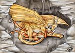  2011 anthro cave claws dragon duo feral horn membranous_wings natoli nude outside smile spines traditional_media_(artwork) wings 
