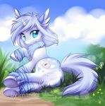  blue_eyes blue_hair censored cutie_mark day detailed_background equine eyelashes fan_character feral fur grass hair hooves horn imanika mammal my_little_pony nude outside sky smile solo unicorn white_fur 