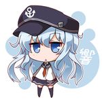  blue_eyes character_name chibi commentary_request full_body hat hibiki_(kantai_collection) jitome kantai_collection long_hair long_sleeves noai_nioshi pleated_skirt school_uniform serafuku skirt solo triangle_mouth white_hair 