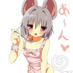 animal_ears apron bangs bare_arms blush breasts collarbone cowboy_shot eyebrows_visible_through_hair food frilled_apron frills fruit greatmosu grey_hair groin hair_between_eyes hair_intakes hand_up heart heart_tail highres holding holding_spoon leaning_forward looking_at_viewer mouse_ears mouse_tail naked_apron nazrin open_mouth pink_apron red_eyes short_hair simple_background small_breasts solo spoon strawberry tail touhou white_background wrist_cuffs 