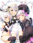  :d arm_belt bandaged_arm bandages bell beret black_legwear blonde_hair blush bow bowtie braid closed_eyes commentary_request cuddling doll_joints elbow_gloves fate/apocrypha fate/extra fate/grand_order fate_(series) girl_sandwich gloves gothic_lolita green_eyes hat headpiece jack_the_ripper_(fate/apocrypha) jeanne_d'arc_(fate)_(all) jeanne_d'arc_alter_santa_lily lolita_fashion looking_at_viewer lying multiple_girls navel nursery_rhyme_(fate/extra) on_bed one_eye_closed open_mouth panties petals pillow pom_pom_(clothes) sandwiched sazaki_ichiri short_hair sleeping smile thighhighs underwear white_hair yellow_eyes 