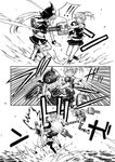  3girls angry blocking clenched_teeth comic destroyer_hime elbow_gloves firing flying_kick gloves greyscale horned_headwear kantai_collection kicking long_hair maikaze_(kantai_collection) midriff monochrome multiple_girls ocean pleated_skirt ponytail rigging school_uniform serafuku shimakaze_(kantai_collection) shinkaisei-kan shirt shirt_grab shoes short_hair short_sleeves side_ponytail skirt sleeveless sleeveless_shirt standing standing_on_liquid striped striped_legwear surprised teeth thighhighs translation_request turret vest wristband zepher_(makegumi_club) 