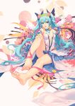  aqua_eyes aqua_hair artist_name atdan barefoot bug butterfly feet flower full_body hatsune_miku head_wreath highres insect long_hair looking_at_viewer nail_polish open_mouth revision sitting solo toenail_polish twintails very_long_hair vocaloid wings 