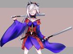  :d asashimo_(kantai_collection) baseball_bat commentary_request cosplay dual_wielding earrings fate/grand_order fate_(series) hair_over_one_eye holding japanese_clothes jewelry kantai_collection kimono long_hair looking_at_viewer miyamoto_musashi_(fate/grand_order) miyamoto_musashi_(fate/grand_order)_(cosplay) open_mouth silver_eyes silver_hair smile solo teeth very_long_hair yamaioni_(sasakama) 