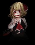  blonde_hair blood blood_on_face bloody_knife dark fuutou_(huutouhu) knife knife_behind_back open_mouth red_eyes rumia shirt short_hair solo tongue tongue_out touhou vest 