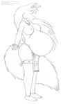 anthro areola barefoot belly big_belly breasts canine clothed clothing female fluffy fluffy_tail fox fur hair jewelry kick leokitsune loincloth mammal monochrome necklace nipples nude open_mouth pregnant sketch solo standing topless tribal 