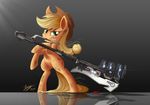  2017 applejack_(mlp) blonde_hair cowboy_hat cutie_mark duskie-06 earth_pony equine female feral freckles friendship_is_magic fur green_eyes grey_background hair hat holding_object holding_weapon hooves horse long_hair mammal my_little_pony orange_fur pony simple_background solo weapon 