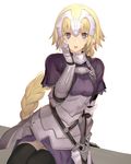  armor armored_dress blonde_hair blue_eyes braid capelet fate/apocrypha fate/grand_order fate_(series) gauntlets hand_on_own_face headpiece jeanne_d'arc_(fate) jeanne_d'arc_(fate)_(all) keemu_(occhoko-cho) long_hair open_mouth single_braid solo 