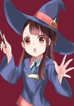  :o bad_id bad_pixiv_id brown_eyes brown_hair chiakillust half_updo hat kagari_atsuko little_witch_academia long_hair open_hand solo wand witch witch_hat 
