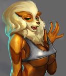  2017 anthro anthrofied arcanine big_breasts blonde_hair blue_eyes breasts brown_fur canine clothed clothing female fur grey_background hair hawkilla long_hair looking_at_viewer mammal nintendo nipple_bulge open_mouth orange_fur pok&eacute;mon pok&eacute;morph simple_background solo stripes teeth tongue video_games 