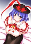  black_hat black_skirt blue_hair blush bow breast_hold breast_lift breasts capelet closed_mouth commentary_request frills from_above gonzaburo hat hat_bow hat_ribbon kagami_mochi large_breasts long_sleeves looking_at_viewer looking_up nagae_iku red_bow red_eyes red_ribbon ribbon seductive_smile short_hair sitting skirt smile solo touhou tsurime 