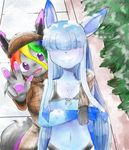  2017 anthro bangs bikini black_nose canine clothed clothing digital_media_(artwork) duo eeveelution fan_character female fur glaceon hair long_hair looking_at_viewer mammal navel nintendo open_mouth outside pok&eacute;mon raveneevee simple_background smile snow standing swimsuit video_games winter 